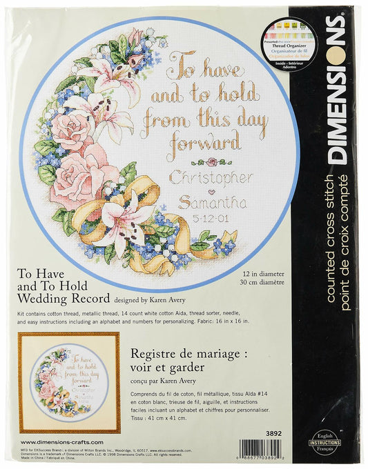 Dimensions Counted Cross Stitch Kit Floral 'To Have and To Hold' Wedding Record , 14 Count White Aida, 12'' D