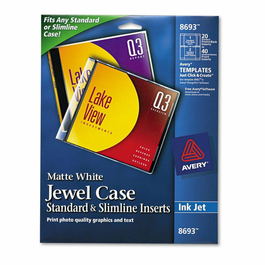 Avery 8693 Inkjet Cd/Dvd Jewel Case Inserts, Matte White, 20/Pack