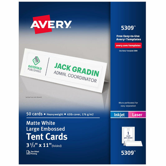 Avery Printable Large Tent Cards, Laser & Inkjet Printers, 50 Cards, 3.5 x 11 (5309)