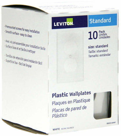 Leviton 88003-WMP 10 pack 1 Gang Wallplates, Duplex Receptacle, White