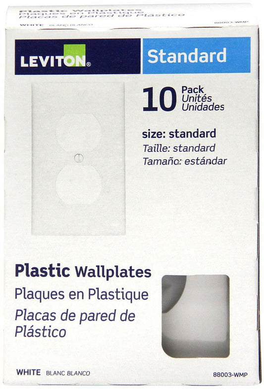 Leviton 88003-WMP 10 pack 1 Gang Wallplates, Duplex Receptacle, White