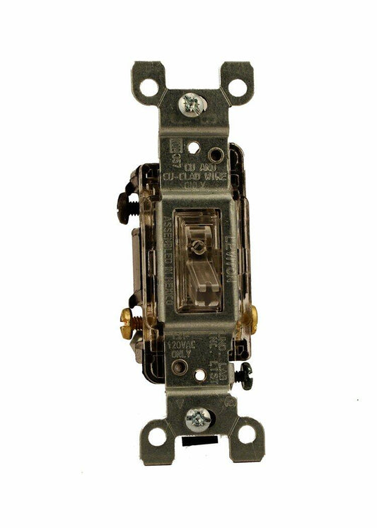 Leviton 1463-LHC 15 Amp, 120 Volt, Toggle Lighted Handle, Illuminated OFF 3-Way AC Quiet Switch, Residential Grade, Grounding, Clear