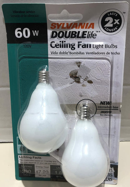 Sylvania 60W A15 Ceiling Fan White Light Bulb Double Life with Candelabra Base, 2 Pack
