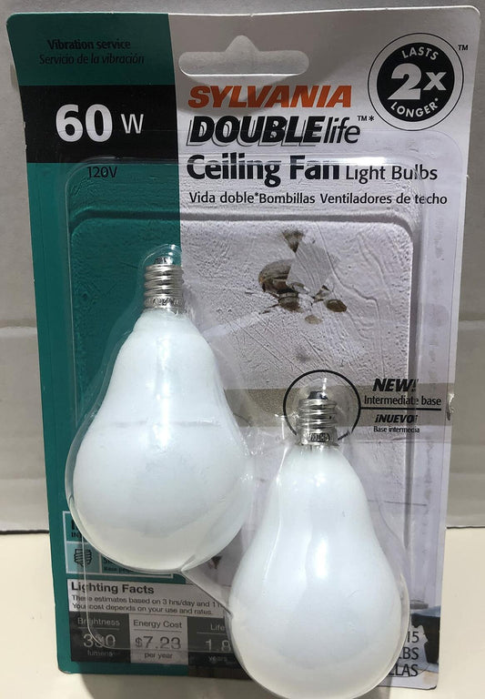 Sylvania 60W A15 Ceiling Fan White Light Bulb Double Life with Candelabra Base, 2 Pack
