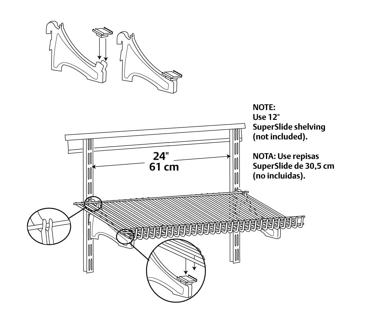 ClosetMaid ShelfTrack 2-Pack Shelf Brackets for Wire Compatible with 12 in. Shelves, Add On Angle Shoe Storage, White Finish, 3 in, 3"