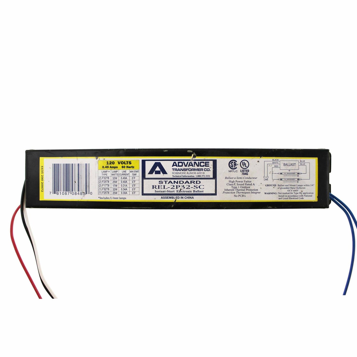 Advance REL-2P32-SC  2 Lamp Fluorescent Ballast - F32T8 - 120 Volt - Instant Start - 0.88 Ballast Factor
