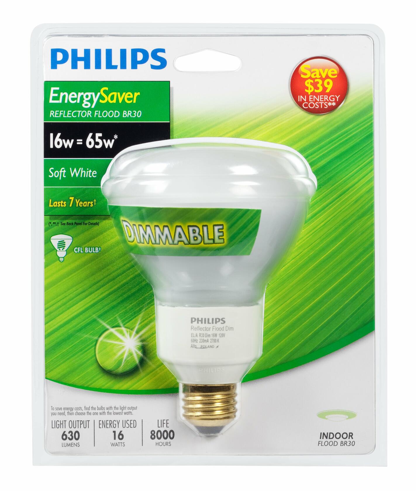 Philips 150417 Energy Saver Compact Fluorescent 16-Watt R30 Flood Light Bulb, Dimmable