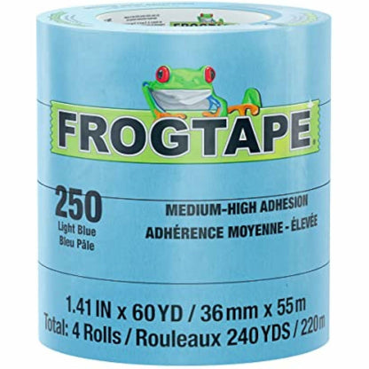 FrogTape 250 Light Blue Moderate Temperature Performance Grade Masking Tape, Medium-High Adhesion, 36mm x 55m, 4 Rolls per Pack (105328)