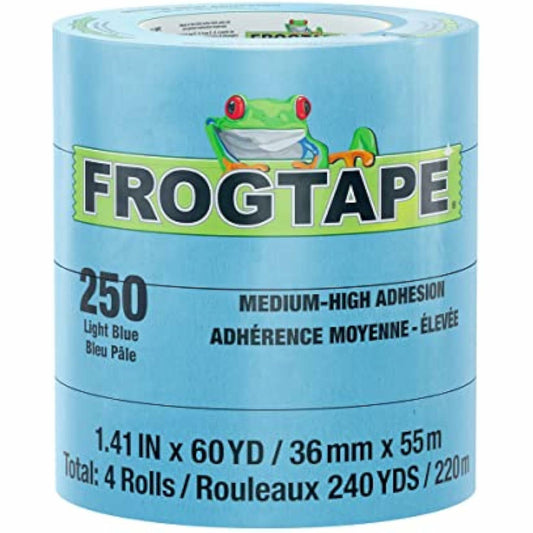 FrogTape 250 Light Blue Moderate Temperature Performance Grade Masking Tape, Medium-High Adhesion, 36mm x 55m, 4 Rolls per Pack (105328)