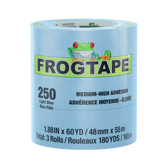 FrogTape 250 Light Blue Moderate Temperature Performance Grade Masking Tape, Medium-High Adhesion, 48mm x 55m, 3 Rolls per Pack