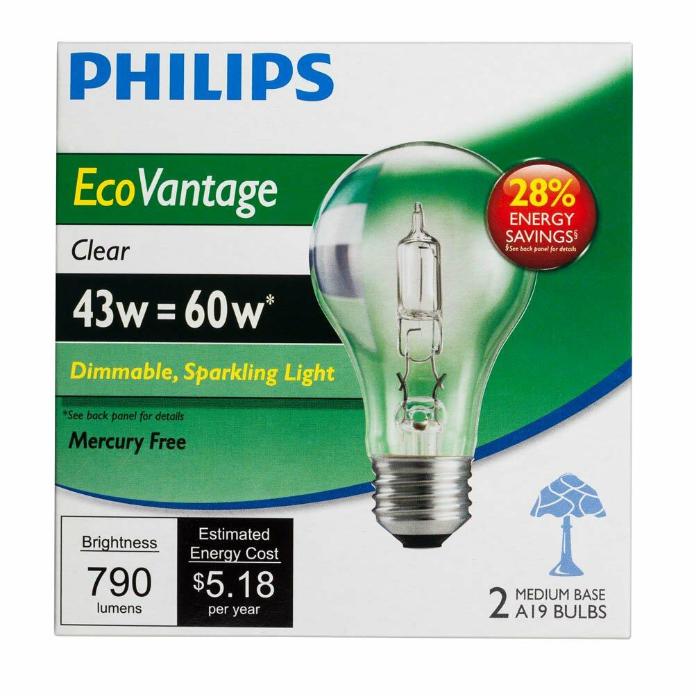 Philips LED 4410498 43-watt Dimmable A19 Clear EcoVantage Light Bulb, 2-Pack