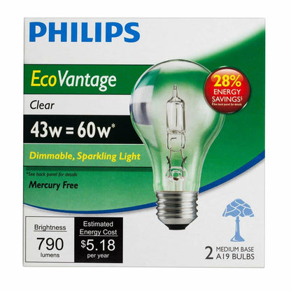 Philips LED 4410498 43-watt Dimmable A19 Clear EcoVantage Light Bulb, 2-Pack