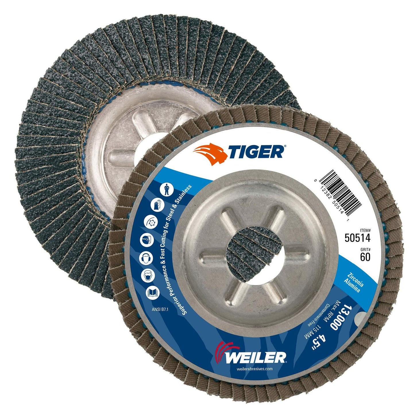 Weiler 50514 Tiger Abrasive Flap Disc, Type 29, Round Hole, Aluminum Backing, Zirconia Alumina, 4-1/2" Dia., 60 Grit