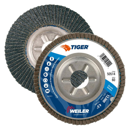 Weiler 50514 Tiger Abrasive Flap Disc, Type 29, Round Hole, Aluminum Backing, Zirconia Alumina, 4-1/2" Dia., 60 Grit