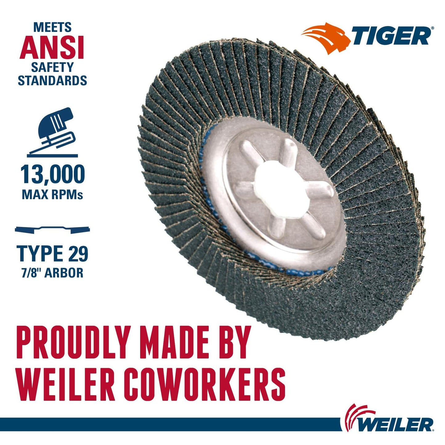 Weiler 50514 Tiger Abrasive Flap Disc, Type 29, Round Hole, Aluminum Backing, Zirconia Alumina, 4-1/2" Dia., 60 Grit