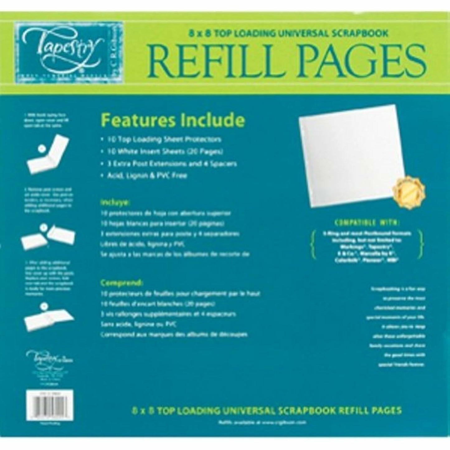 CR. Gibson Tapestry STK8-3465 8-Inch by 8-Inch Scrapbook Refill Pages