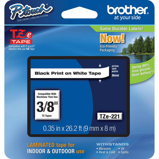 Brother(R) TZe-221 Black-On-White Tape, 0.38in. x 26.2ft., BRTTZ221