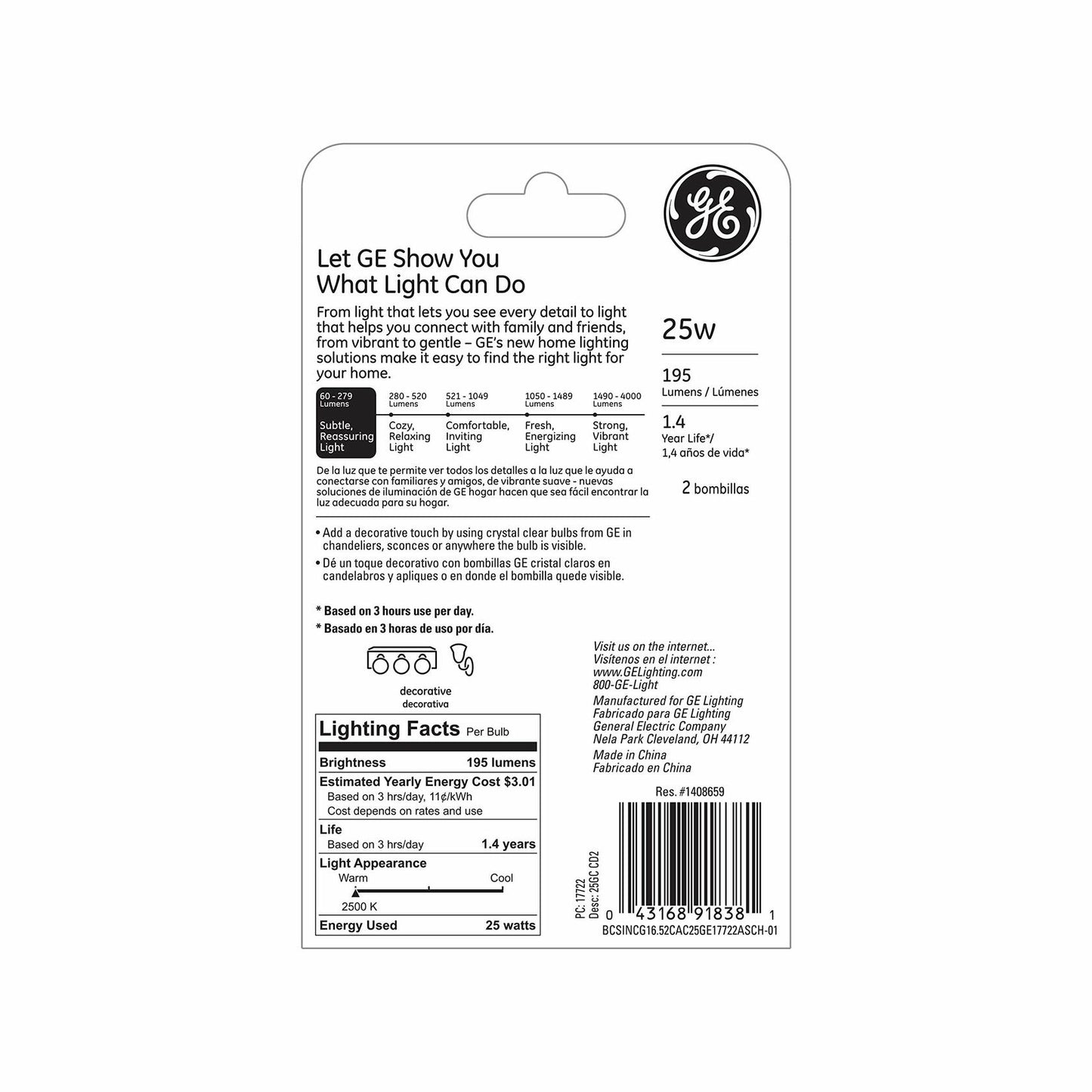 GE Lighting 17722 Decorative G16 1/2 Candelabra Base Globe Light Bulb, 2 Count (Pack of 1), Clear