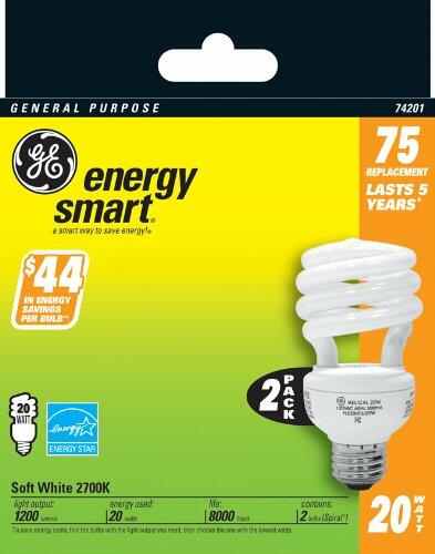 GE 74201 20-Watt Energy Smart CFL Light Bulb, 75-Watt Output, 2-Pack