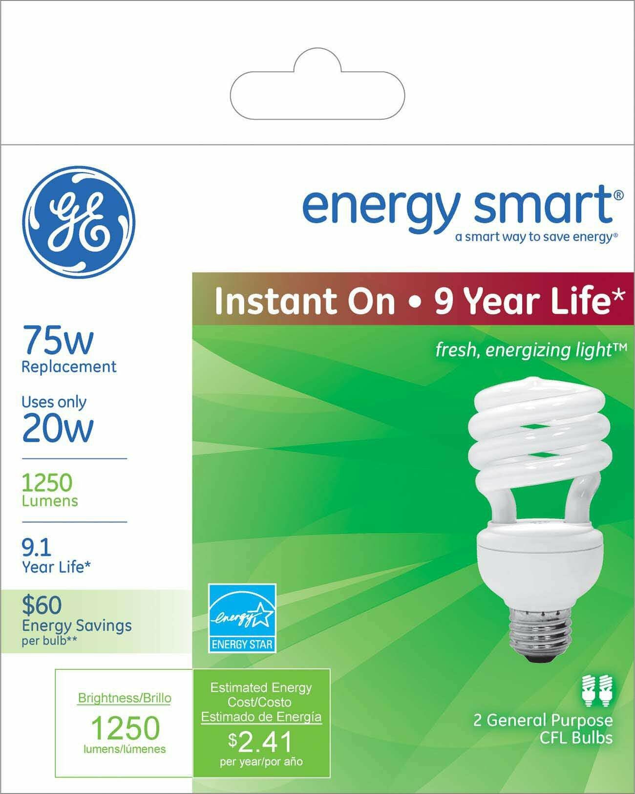 GE 74201 20-Watt Energy Smart CFL Light Bulb, 75-Watt Output, 2-Pack