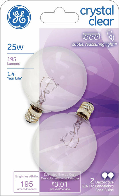 GE Lighting 17722 Decorative G16 1/2 Candelabra Base Globe Light Bulb, 2 Count (Pack of 1), Clear