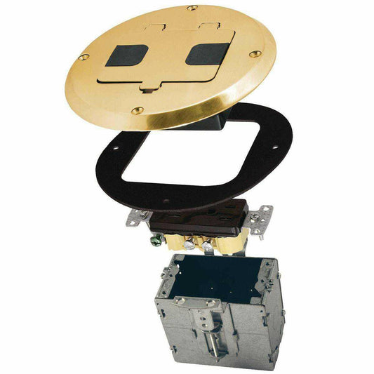 Hubbell-Raco 6239 Floor Kit with Recessed Duplex 15A TR Device and Adjustable Steel Box, 1-Gang, Brass