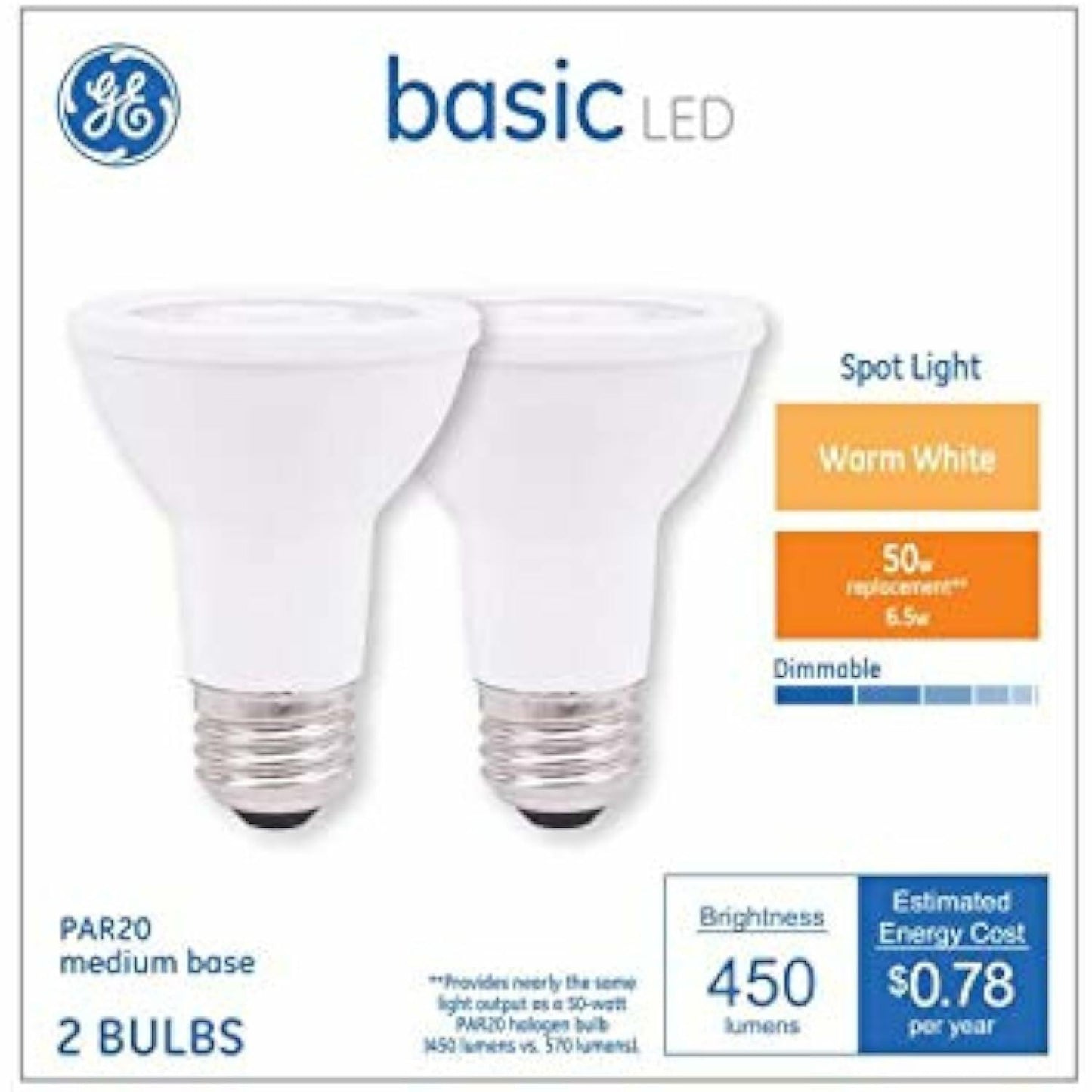 GE Basic 2-Pack 50 W Equivalent Dimmable Warm White Par20 LED Light Fixture Light Bulbs