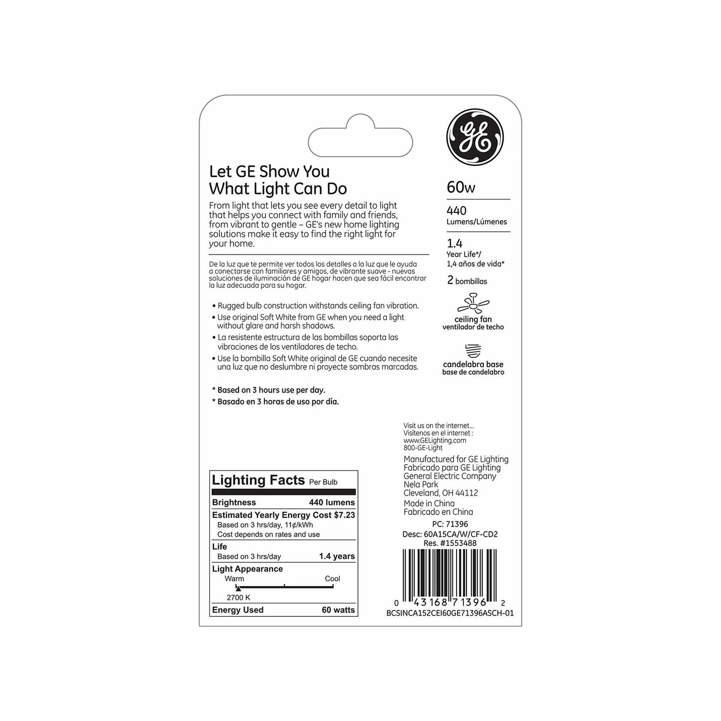 GE Lighting A15 Ceiling Fan Decorative Light Bulb, Soft White Finish, 60-Watts, Candelabra Base, 2-Pack