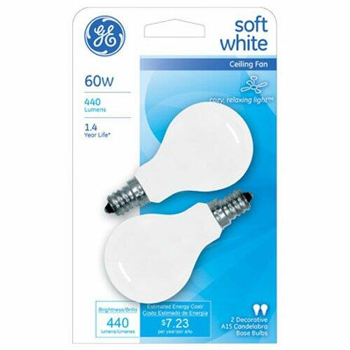 GE Lighting A15 Ceiling Fan Decorative Light Bulb, Soft White Finish, 60-Watts, Candelabra Base, 2-Pack