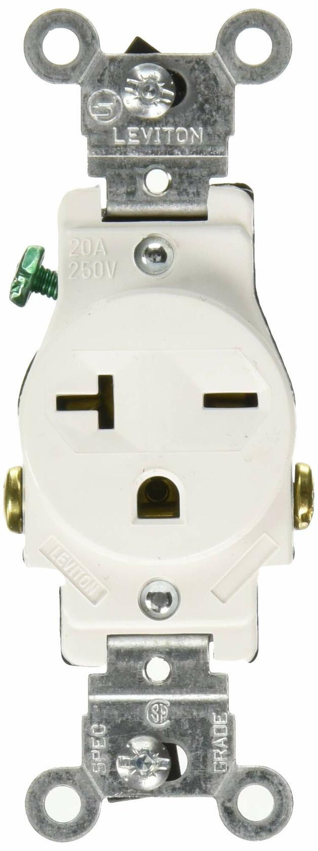 Leviton Single Receptacle Outlet Commercial Specification Grade Smooth Face 20 Amp 250 Volt, Side Wire NEMA 6-20R 2-Pole 3-Wire, White, 5821-W