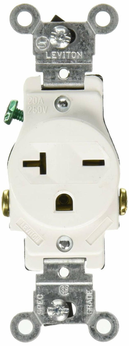 Leviton Single Receptacle Outlet Commercial Specification Grade Smooth Face 20 Amp 250 Volt, Side Wire NEMA 6-20R 2-Pole 3-Wire, White, 5821-W