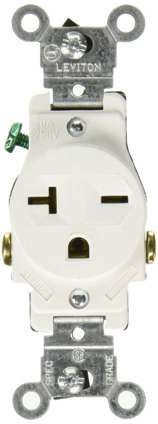 Leviton Single Receptacle Outlet Commercial Specification Grade Smooth Face 20 Amp 250 Volt, Side Wire NEMA 6-20R 2-Pole 3-Wire, White, 5821-W