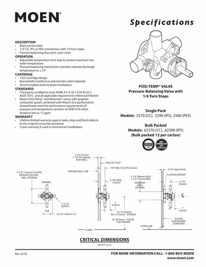 Moen 2580 Posi-Temp Brass Pressure Balancing Shower Valve, 1/2-Inch Crimp Ring PEX Connection