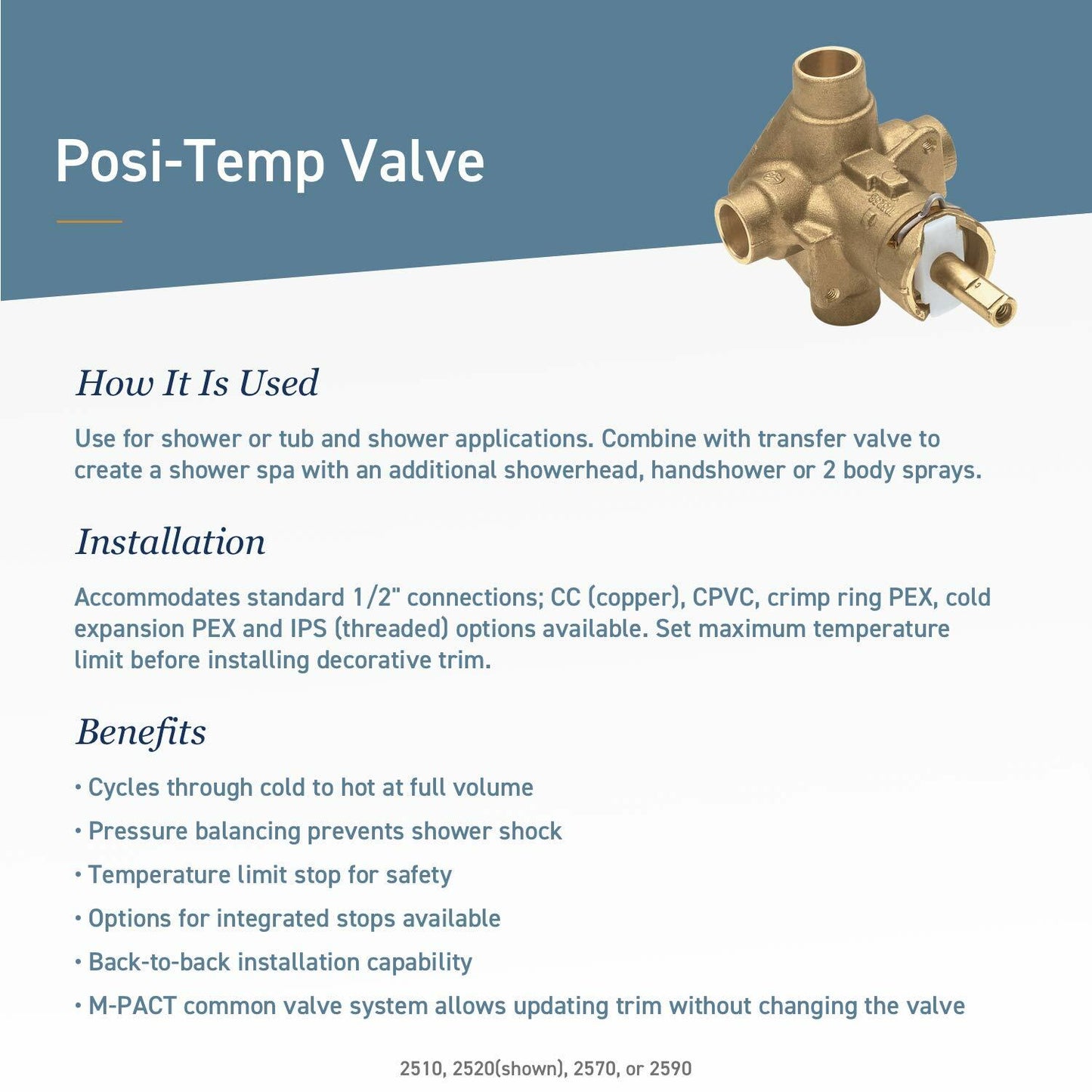 Moen 2580 Posi-Temp Brass Pressure Balancing Shower Valve, 1/2-Inch Crimp Ring PEX Connection