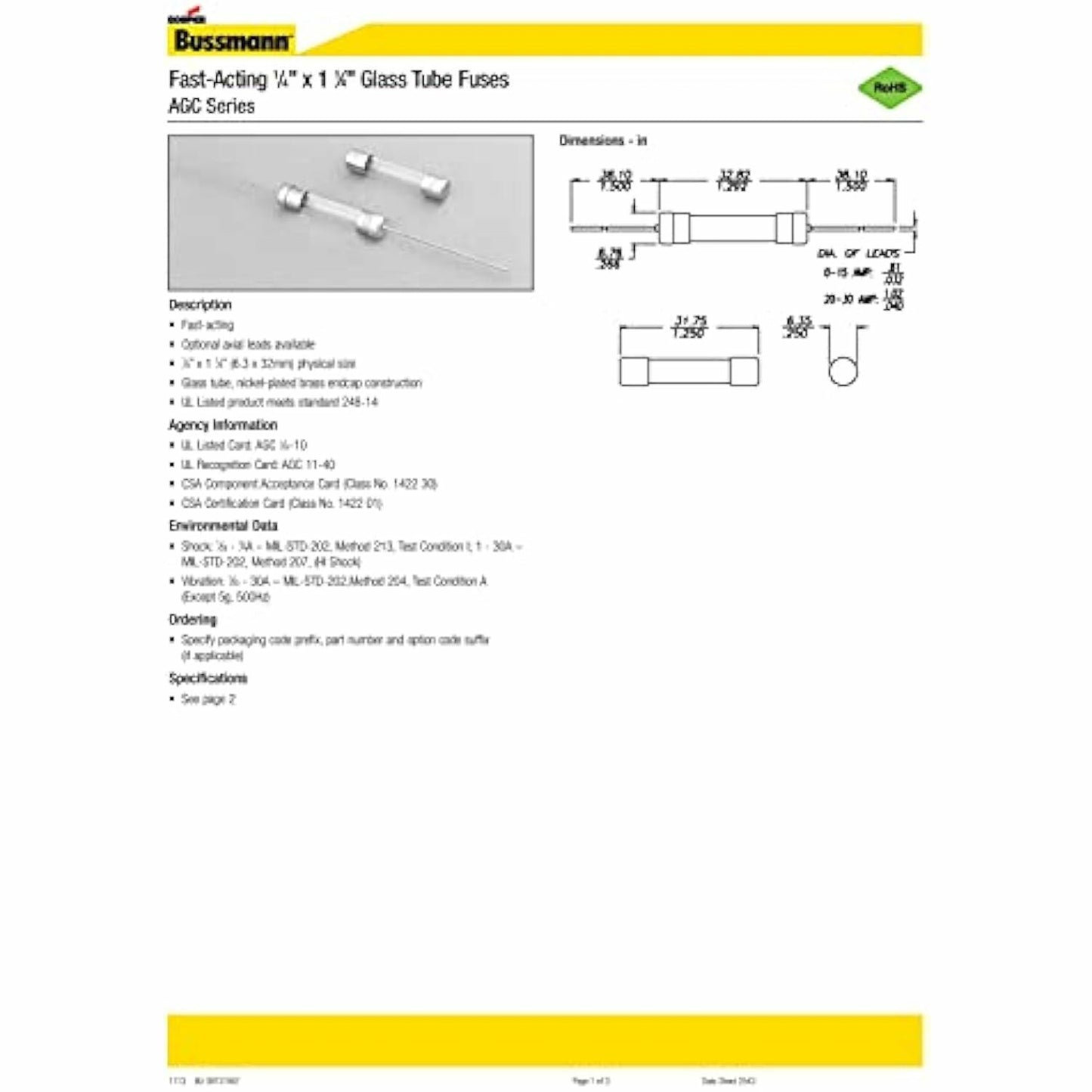 Bussmann AGC-2.5 Cartridge Fuses 250VAC 2.5A Fast Acting (5 Pieces)