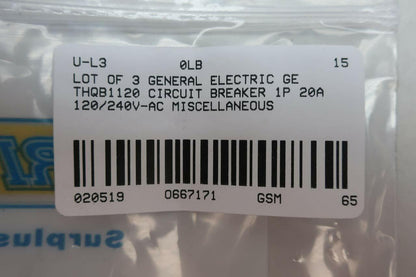 LOT of 3 General Electric GE THQB1120 Circuit Breaker 1P 20A 120/240V-AC