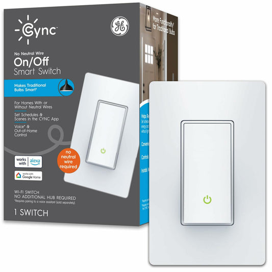 GE CYNC Smart Light Switch, Paddle Style, No Neutral Wire Required, Bluetooth and 2.4 GHz WiFi 3-Wire Switch, Works with Amazon Alexa and Google Home, White (1 Pack)