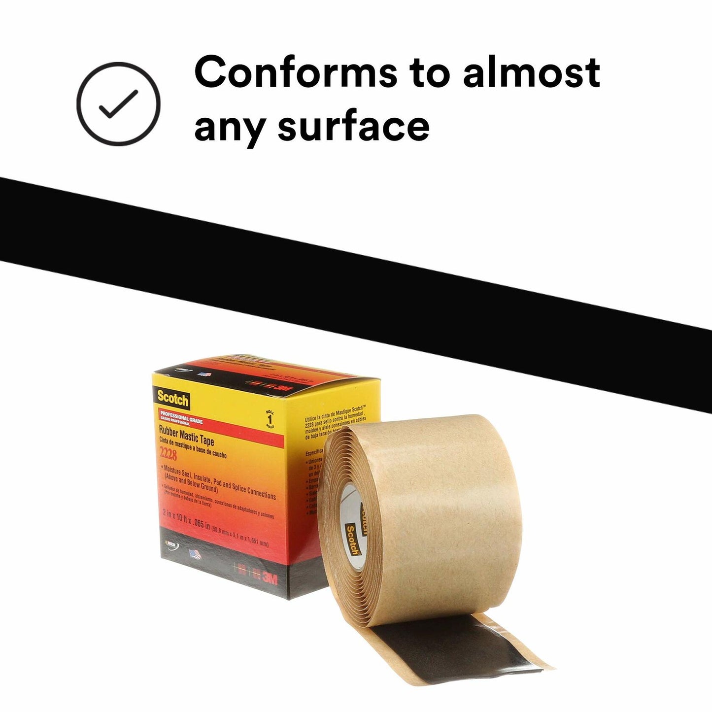 3M Scotch Rubber Mastic Tape 2228, 2 in x 10 ft, Black, Conformable, Self�Fusing, Electrical Insulating, Moisture Sealing, Indoor and Outdoor Applications, 65 mil thick, 1 Roll