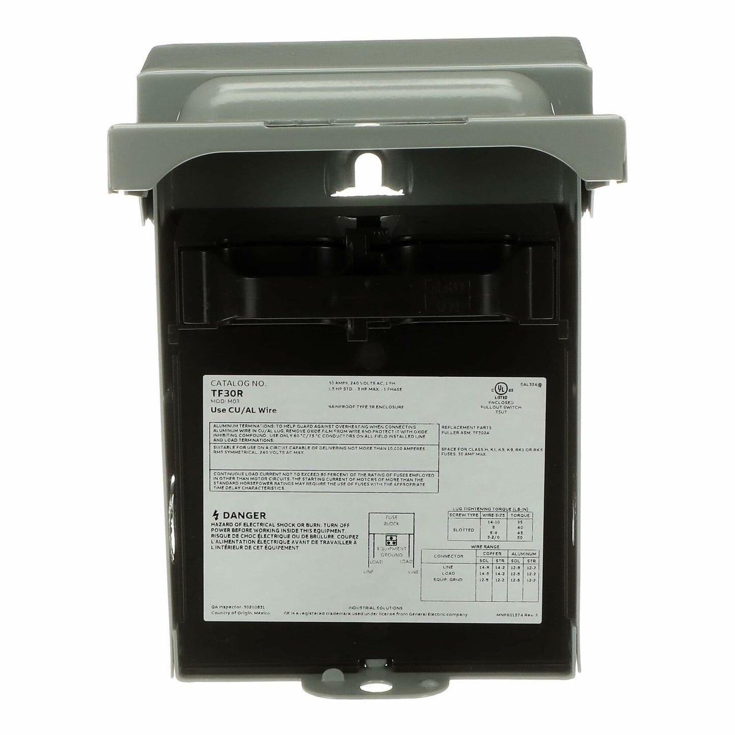 ABB TF30RCP • Weatherproof Fused AC Disconnect Switch • AC Disconnect 30A 240V • 1 Phase N3R • Horsepower Rated • 10kAIC