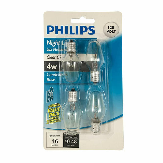 Philips LED 415422 Incandescent 16 Lumen 4 Watt 2700K Soft White C7 Night Light w/Candelabra Base (4 Pack)