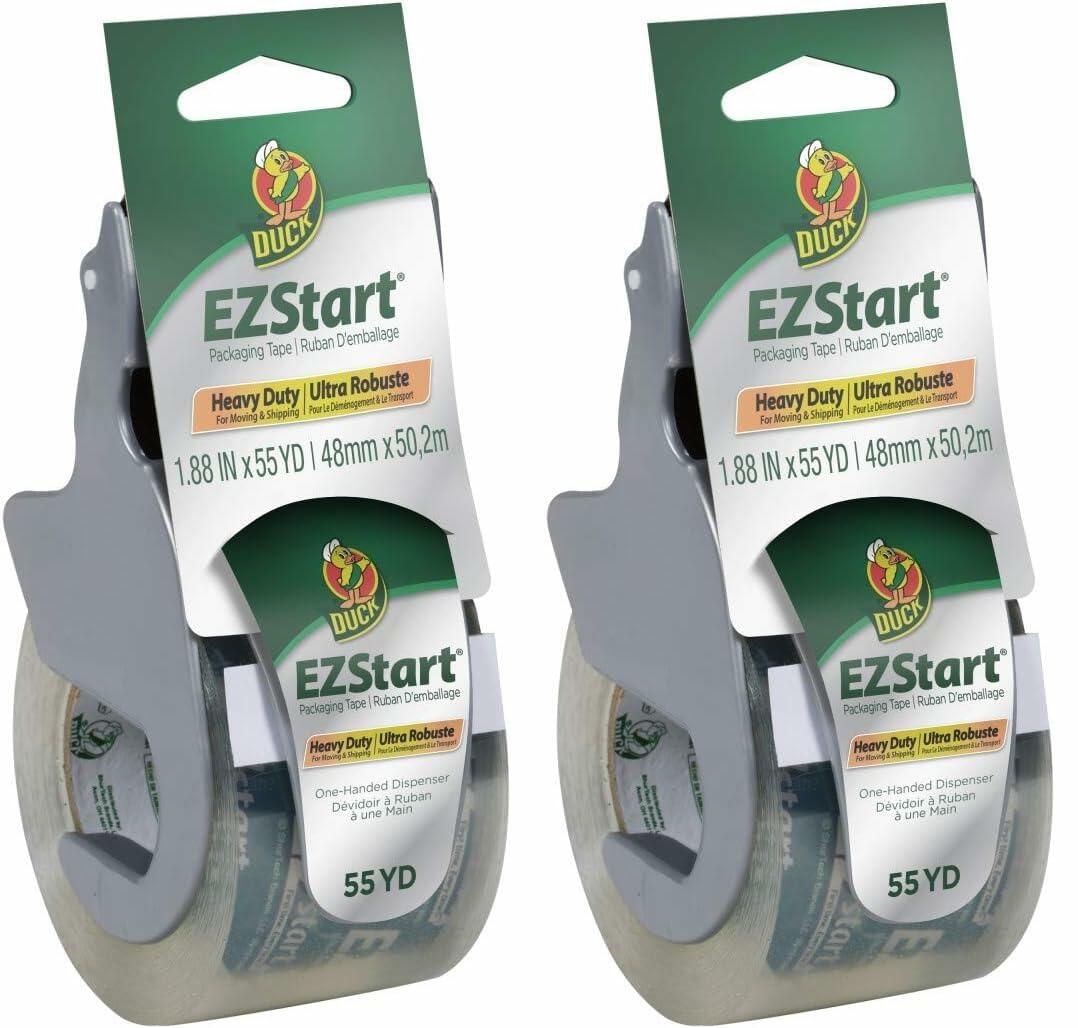 Duck EZ Start Packaging Tape, Single Roll with Dispenser, Clear Packing Tape for Mailing, Moving, Shipping & Storage, Quiet Easy Start Tape for Boxes & Shipping | Pack of 2