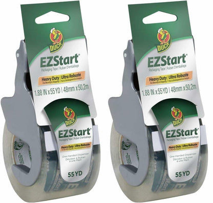 Duck EZ Start Packaging Tape, Single Roll with Dispenser, Clear Packing Tape for Mailing, Moving, Shipping & Storage, Quiet Easy Start Tape for Boxes & Shipping | Pack of 2