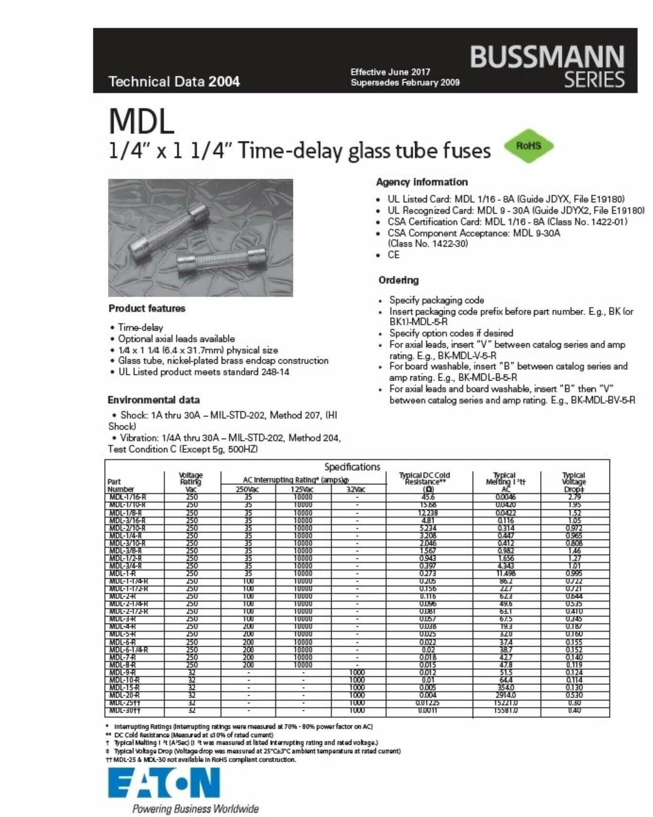 Pack of 5 Bussmann MDL-1/4 Fuse