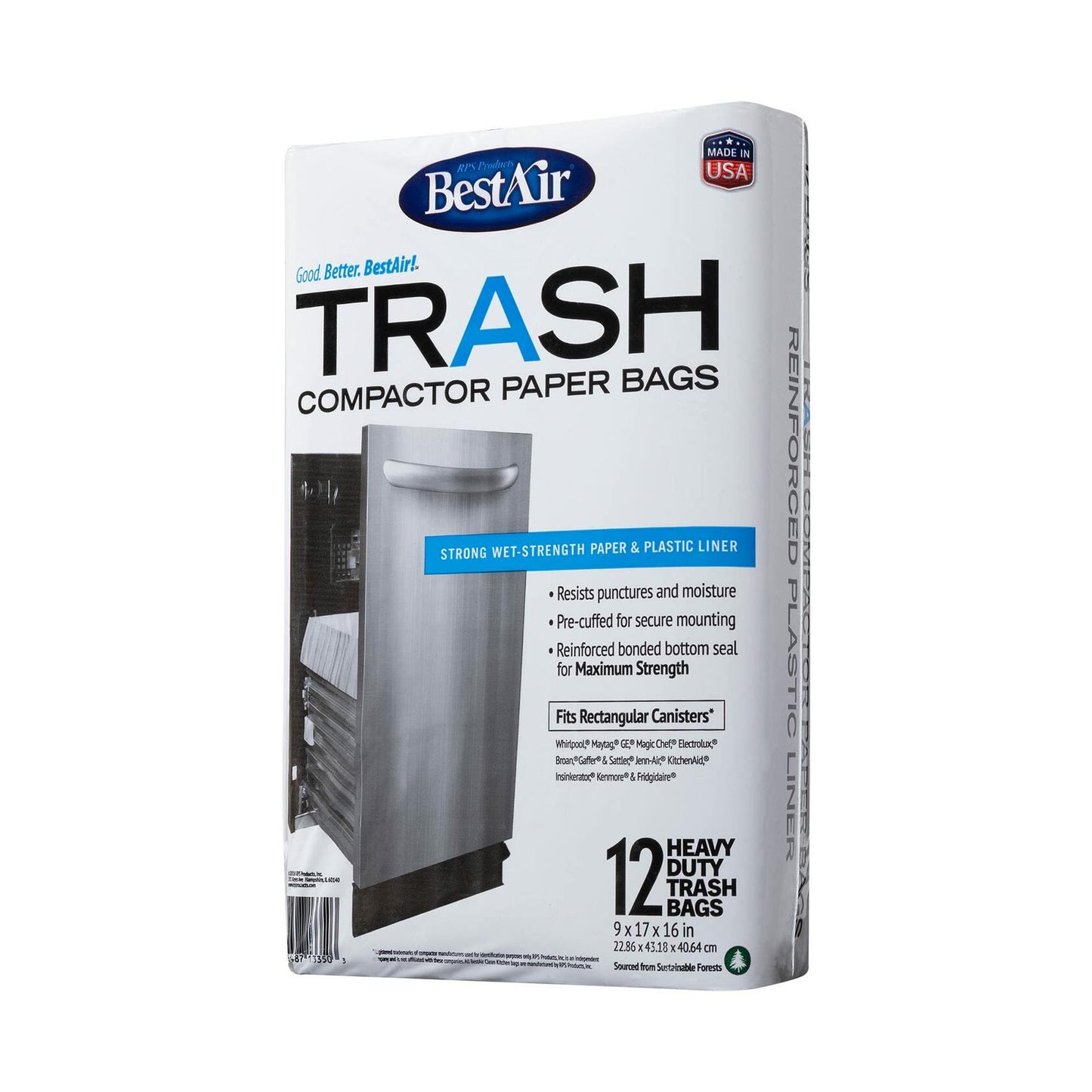 BestAir WMCK1335012-6 Heavy Duty Trash Compactor Bags, 16'' D x 9'' W x 17'' H, Pack of 1 (12 Bags)