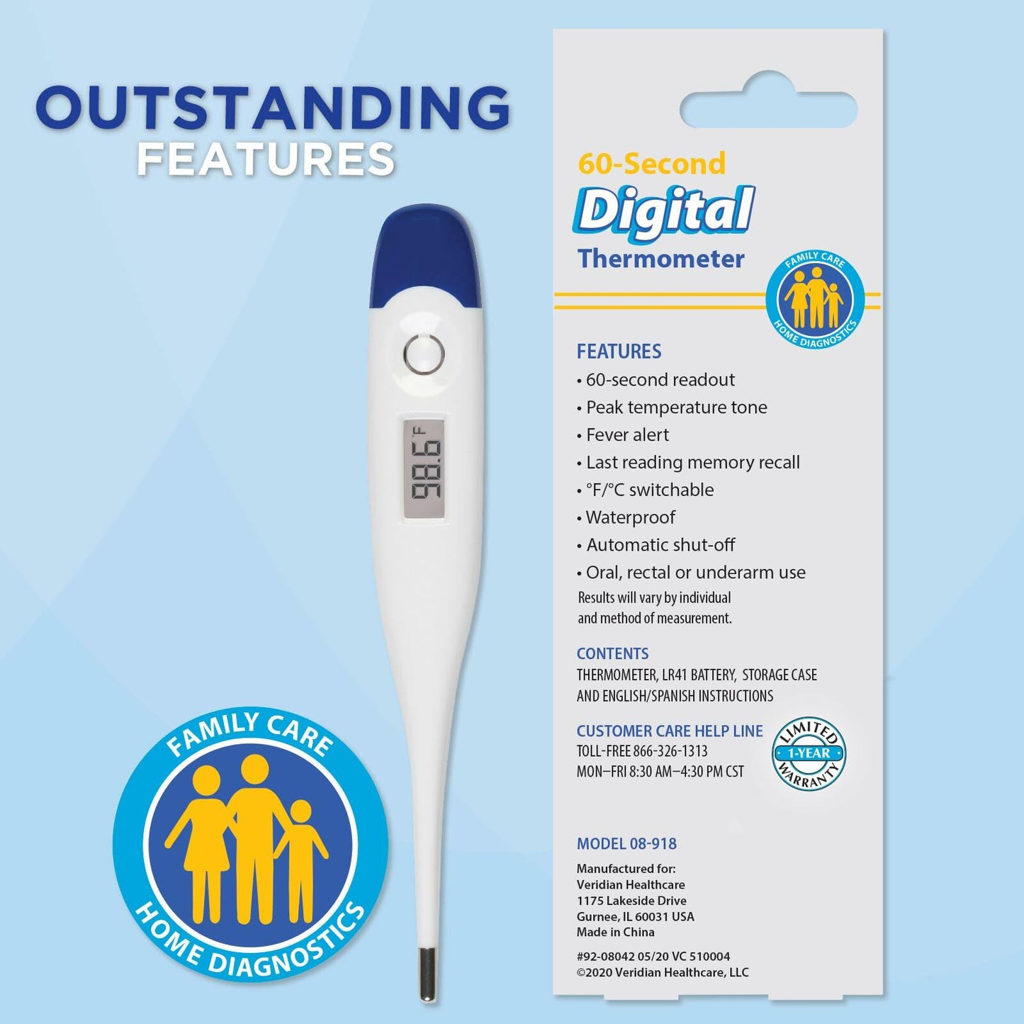 Veridian Digital Thermometer | 60-Second Readout | Fever Alert + Memory Recall| Clinical Rigid Tip | Hygienic Water-Resistant Easy Cleaning | Storage Case + Probe Covers Included