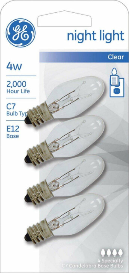 GE Incandescent Night Light Bulbs, 4 Watts, C7 Bulbs, Small Base, Clear Finish, 4-Pack