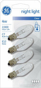 GE Incandescent Night Light Bulbs, 4 Watts, C7 Bulbs, Small Base, Clear Finish, 4-Pack