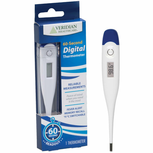 Veridian 60-Second Digital Thermometer | Fever Alert, Memory Recall | Rigid Tip | Water-Resistant | Case + Probe Covers