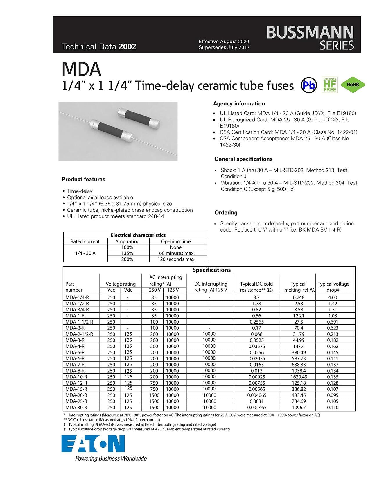 BUSSMANN BPMDL30 Mdl Glass Tube Fuse- Pack - 2