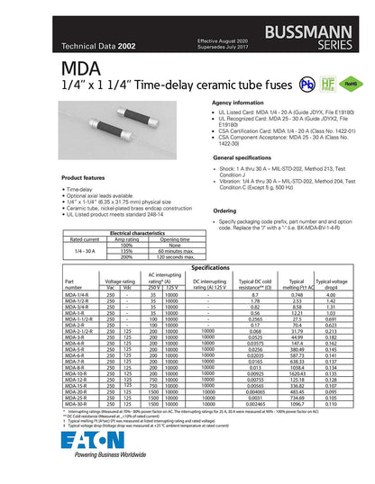 BUSSMANN BPMDL30 Mdl Glass Tube Fuse- Pack - 2